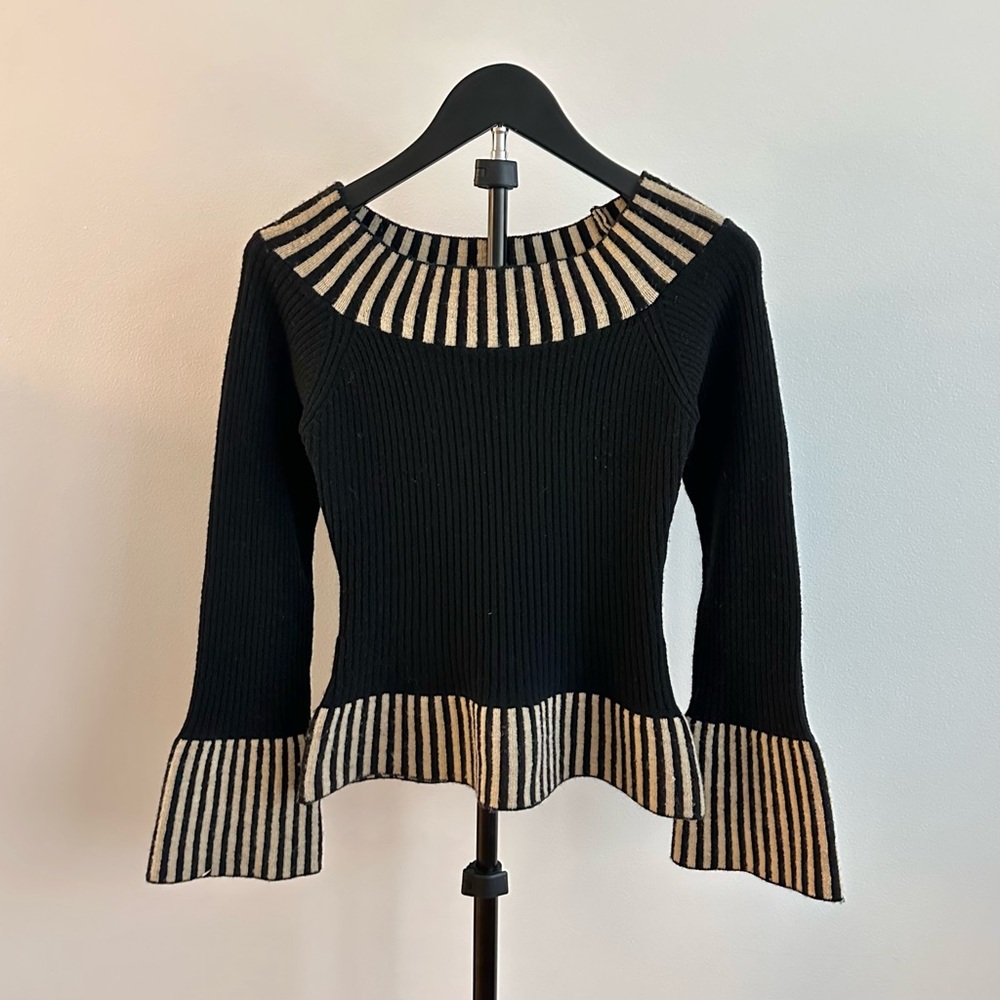 Vintage St. Ambecco Off Shoulder Black Bell Sleeve Ribbed Wool Sweater Size S